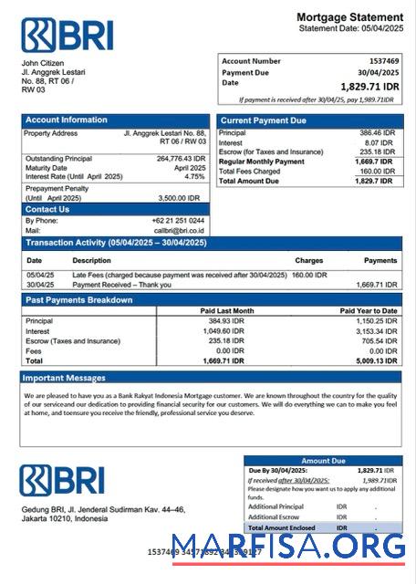Downloadable Indonesia Bank Rakyat Indonesia (BRI) mortgage statement Word and PDF template